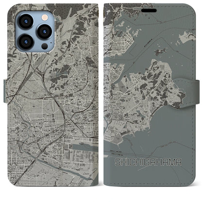 【七ヶ浜（宮城県）】地図柄iPhoneケース（手帳タイプ）モノトーン・iPhone 13 Pro Max 用