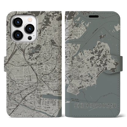 【七ヶ浜（宮城県）】地図柄iPhoneケース（手帳タイプ）モノトーン・iPhone 13 Pro 用