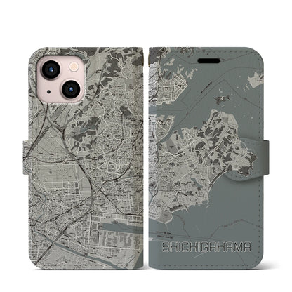 【七ヶ浜（宮城県）】地図柄iPhoneケース（手帳タイプ）モノトーン・iPhone 13 mini 用