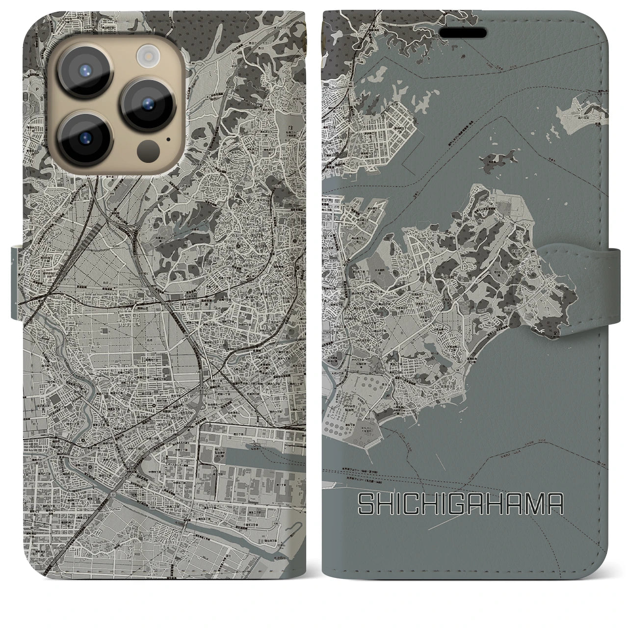 【七ヶ浜】地図柄iPhoneケース（手帳両面タイプ・モノトーン）iPhone 14 Pro Max 用