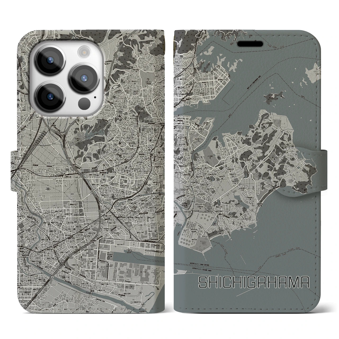 【七ヶ浜】地図柄iPhoneケース（手帳両面タイプ・モノトーン）iPhone 14 Pro 用