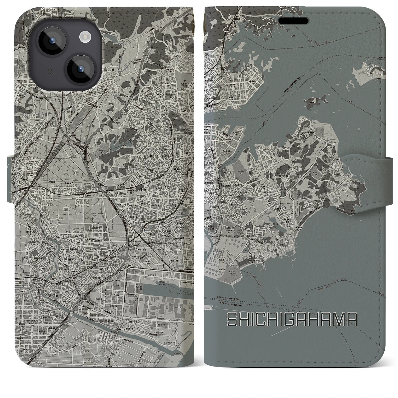 【七ヶ浜】地図柄iPhoneケース（手帳両面タイプ・モノトーン）iPhone 14 Plus 用