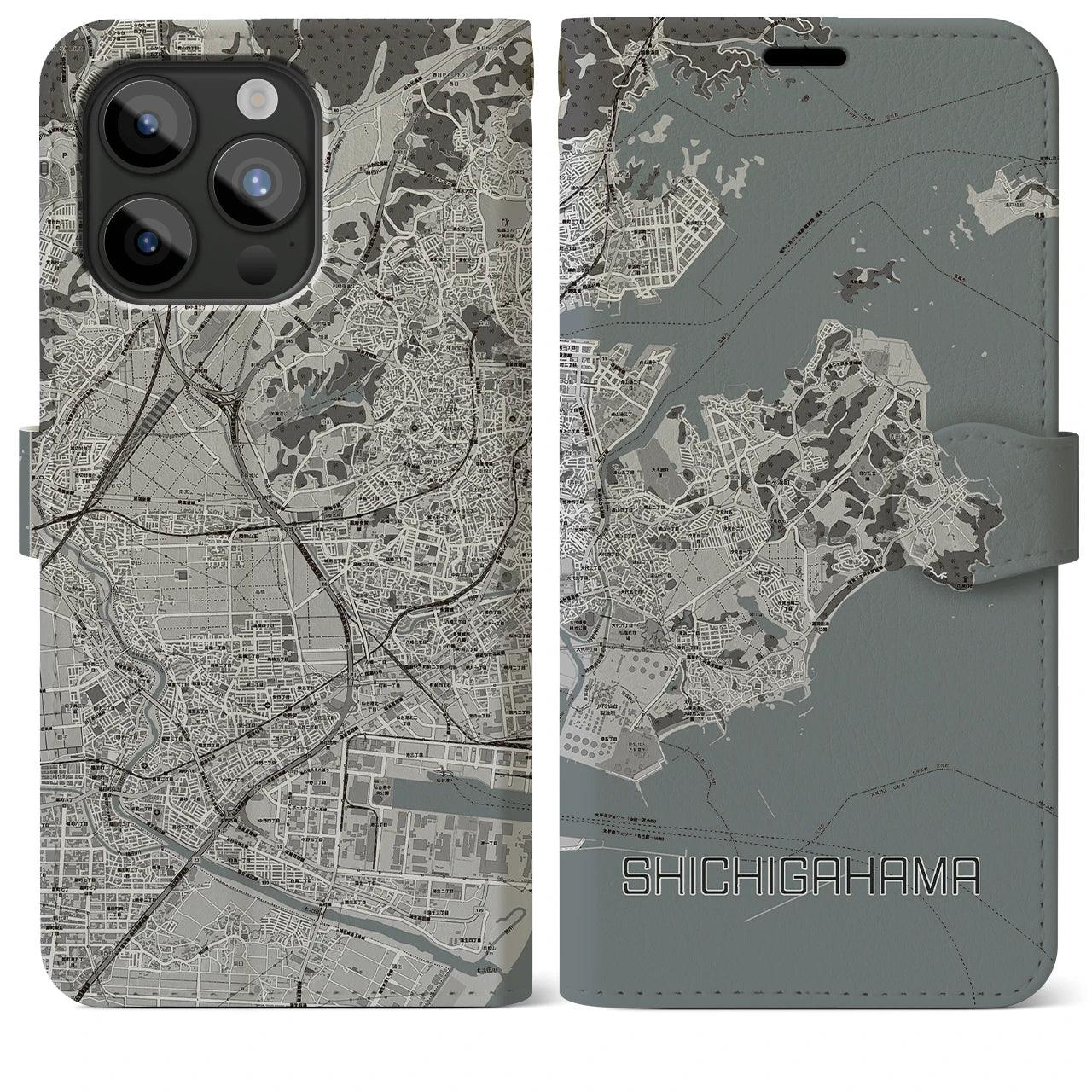 【七ヶ浜】地図柄iPhoneケース（手帳両面タイプ・モノトーン）iPhone 15 Pro Max 用