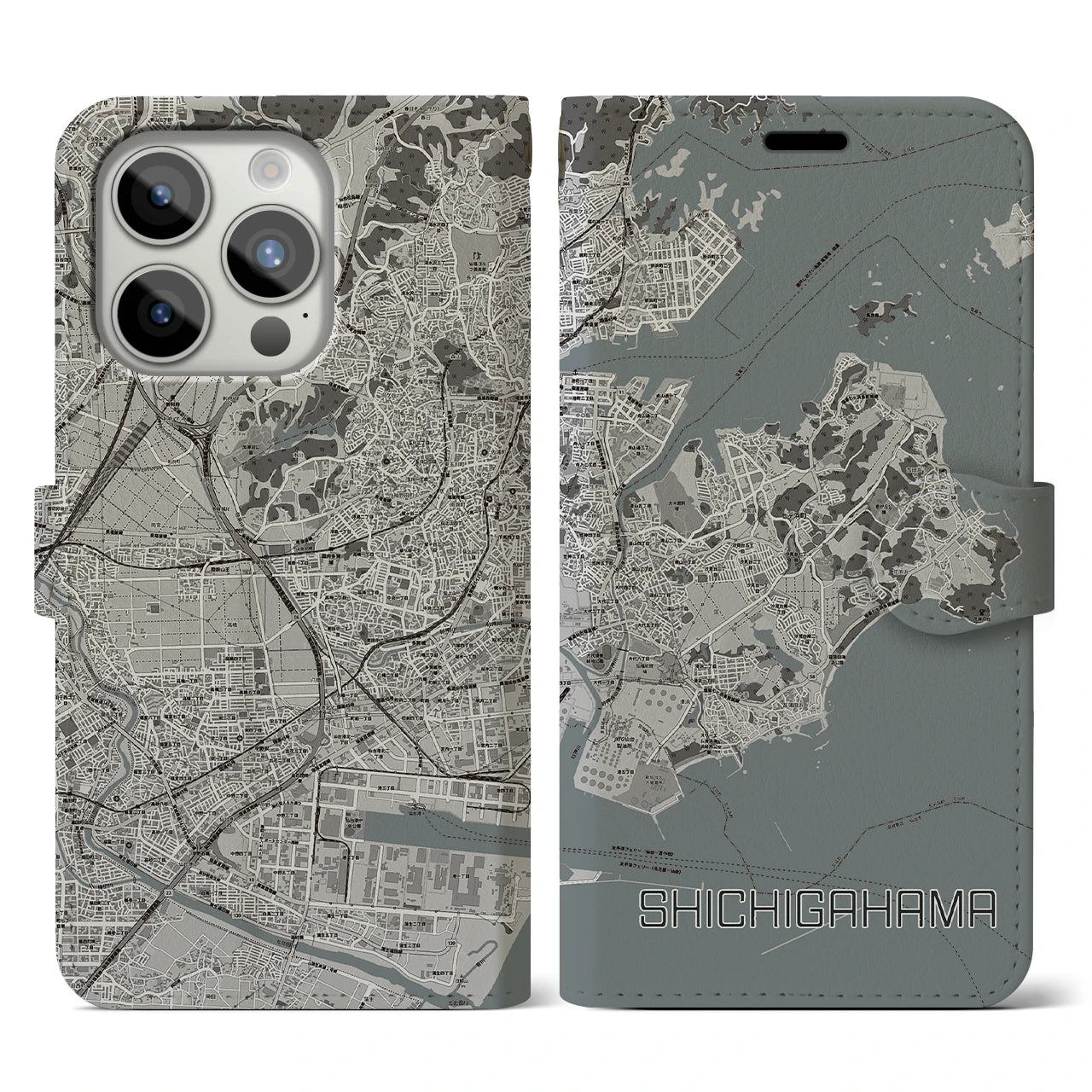 【七ヶ浜】地図柄iPhoneケース（手帳両面タイプ・モノトーン）iPhone 15 Pro 用