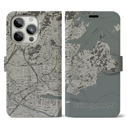 【七ヶ浜（宮城県）】地図柄iPhoneケース（手帳タイプ）モノトーン・iPhone 15 Pro 用