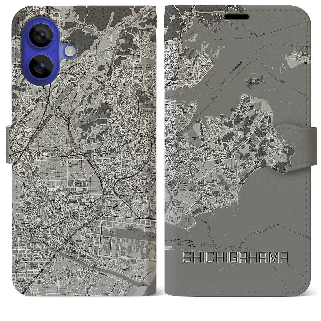 【七ヶ浜(宮城県)】地図柄iPhoneケース(手帳タイプ)モノトーン・iPhone 16 Pro Max 用