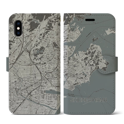 【七ヶ浜（宮城県）】地図柄iPhoneケース（手帳タイプ）モノトーン・iPhone XS / X 用