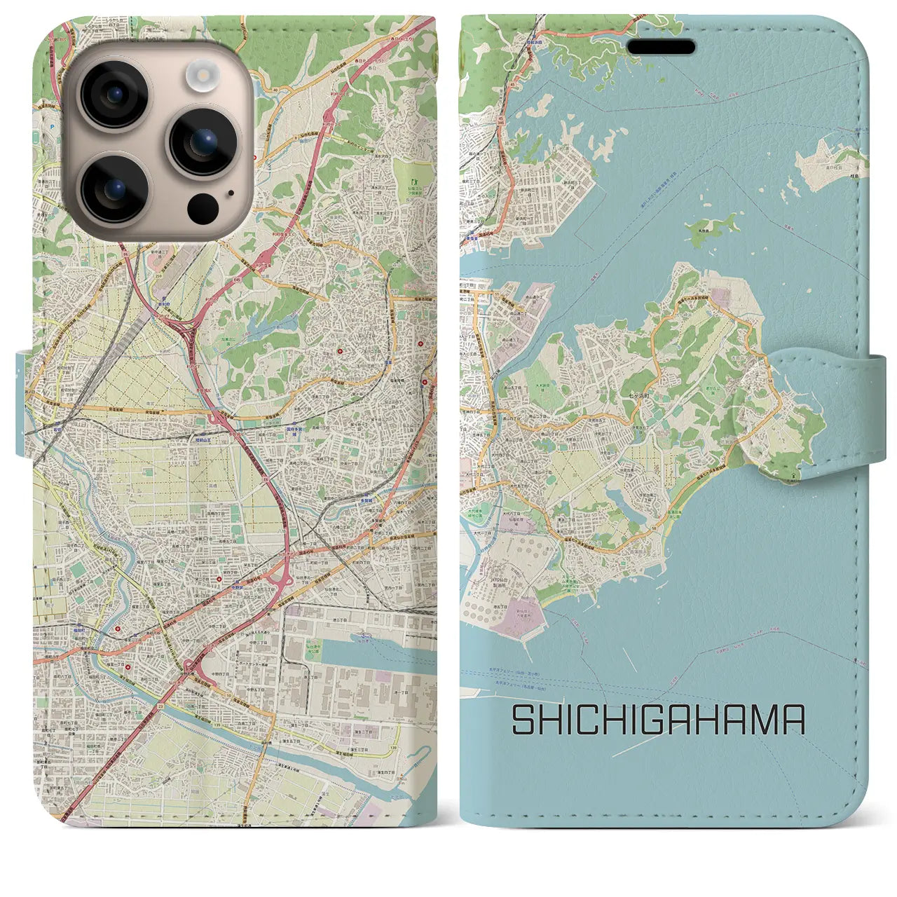 【七ヶ浜（宮城県）】地図柄iPhoneケース（手帳タイプ）ナチュラル・iPhone 16 Plus 用