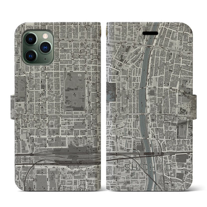 【七条（京都府）】地図柄iPhoneケース（手帳タイプ）モノトーン・iPhone 11 Pro 用