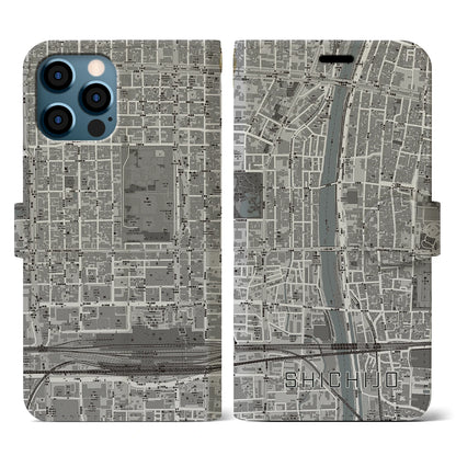 【七条（京都府）】地図柄iPhoneケース（手帳タイプ）モノトーン・iPhone 12 / 12 Pro 用