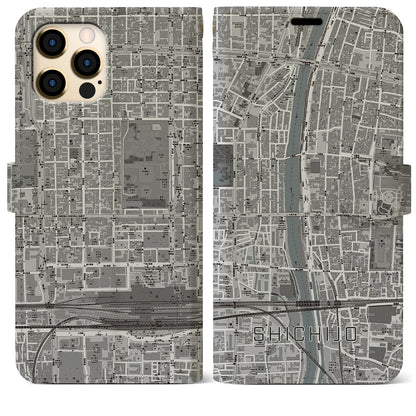 【七条（京都府）】地図柄iPhoneケース（手帳タイプ）モノトーン・iPhone 12 Pro Max 用