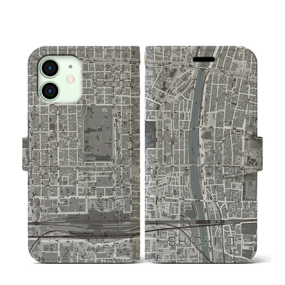 【七条（京都府）】地図柄iPhoneケース（手帳タイプ）モノトーン・iPhone 12 mini 用