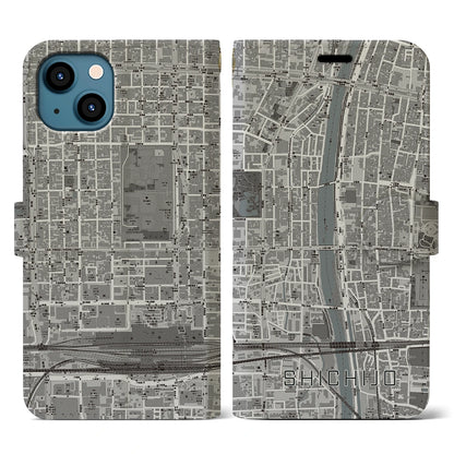【七条（京都府）】地図柄iPhoneケース（手帳タイプ）モノトーン・iPhone 13 用