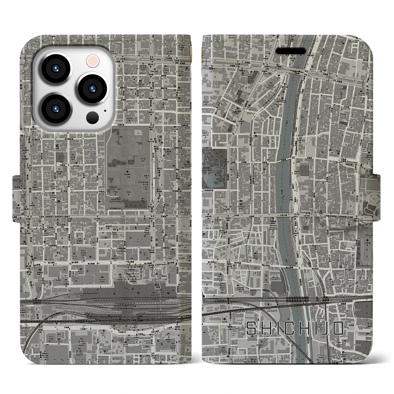 【七条】地図柄iPhoneケース（手帳両面タイプ・モノトーン）iPhone 13 Pro 用