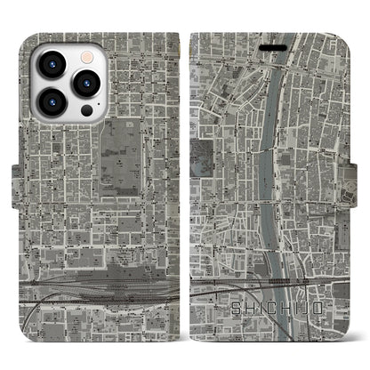 【七条（京都府）】地図柄iPhoneケース（手帳タイプ）モノトーン・iPhone 13 Pro 用