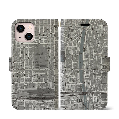 【七条（京都府）】地図柄iPhoneケース（手帳タイプ）モノトーン・iPhone 13 mini 用