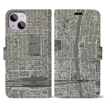 【七条（京都府）】地図柄iPhoneケース（手帳タイプ）モノトーン・iPhone 14 用