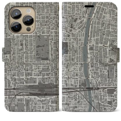 【七条（京都府）】地図柄iPhoneケース（手帳タイプ）モノトーン・iPhone 14 Pro Max 用