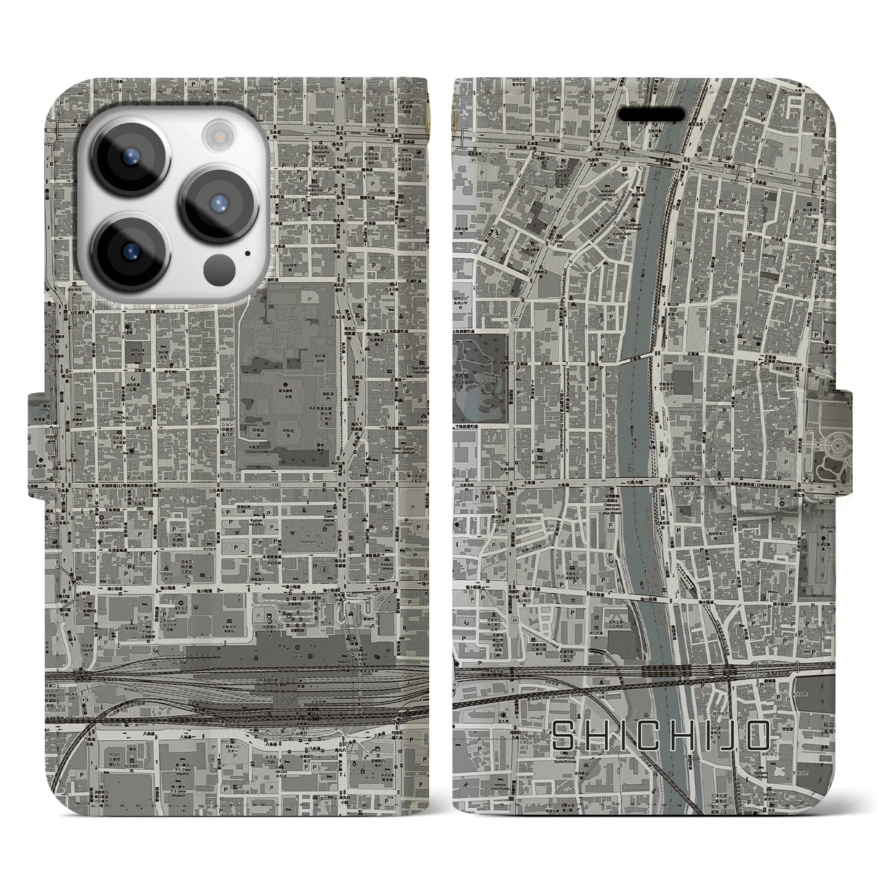 【七条】地図柄iPhoneケース（手帳両面タイプ・モノトーン）iPhone 14 Pro 用