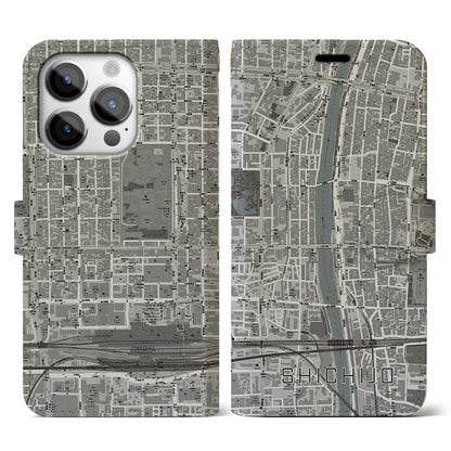 【七条（京都府）】地図柄iPhoneケース（手帳タイプ）モノトーン・iPhone 14 Pro 用