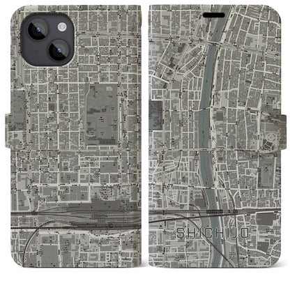 【七条（京都府）】地図柄iPhoneケース（手帳タイプ）モノトーン・iPhone 14 Plus 用