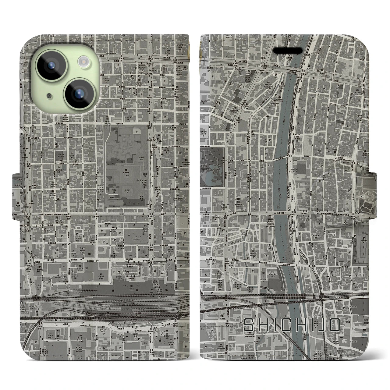 【七条】地図柄iPhoneケース（手帳両面タイプ・モノトーン）iPhone 15 用