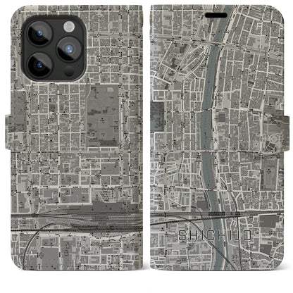【七条（京都府）】地図柄iPhoneケース（手帳タイプ）モノトーン・iPhone 15 Pro Max 用