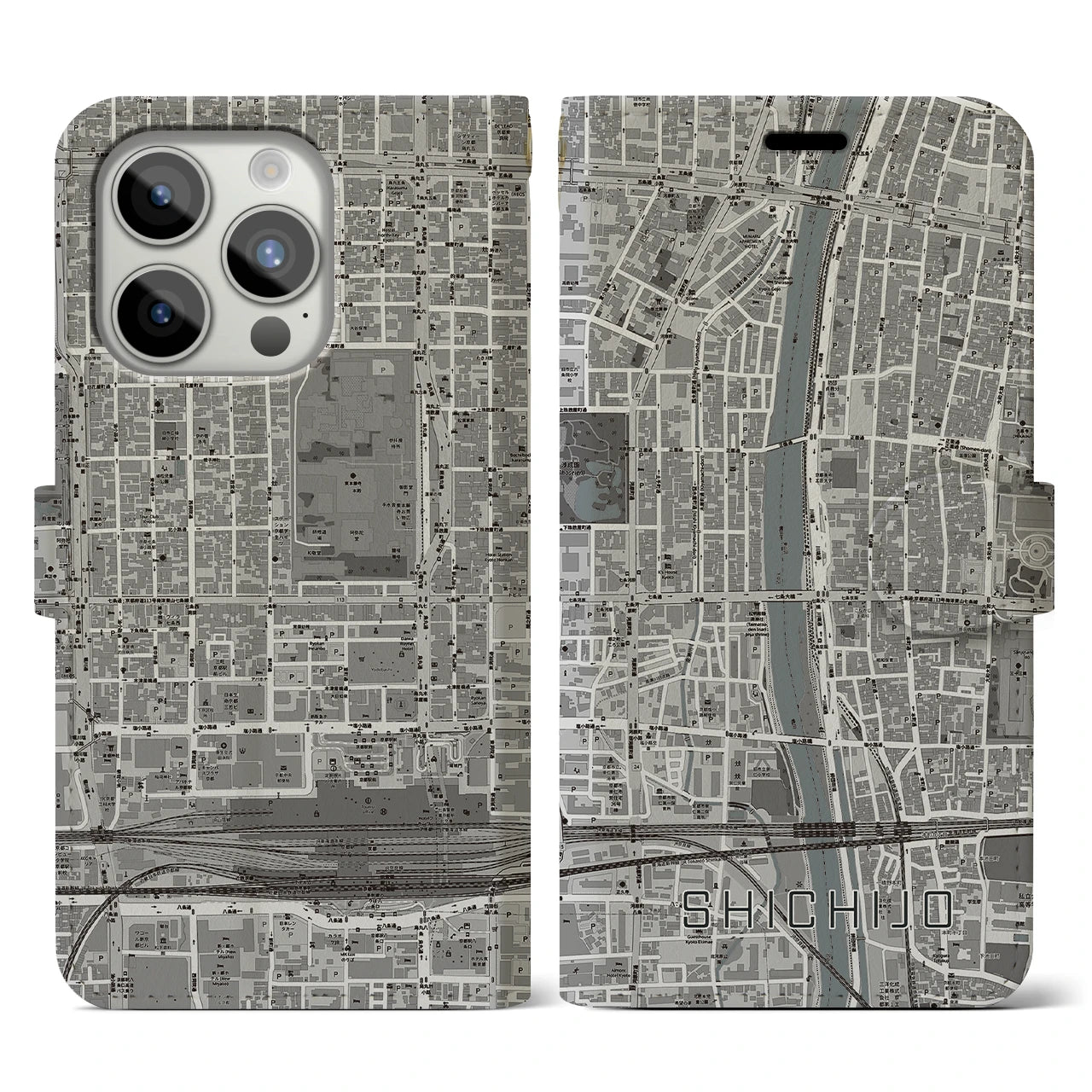 【七条】地図柄iPhoneケース（手帳両面タイプ・モノトーン）iPhone 15 Pro 用