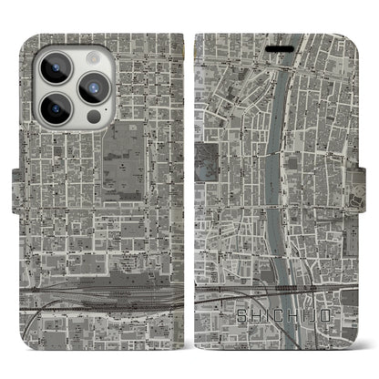 【七条（京都府）】地図柄iPhoneケース（手帳タイプ）モノトーン・iPhone 15 Pro 用