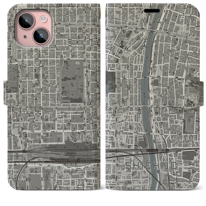【七条（京都府）】地図柄iPhoneケース（手帳タイプ）モノトーン・iPhone 15 Plus 用