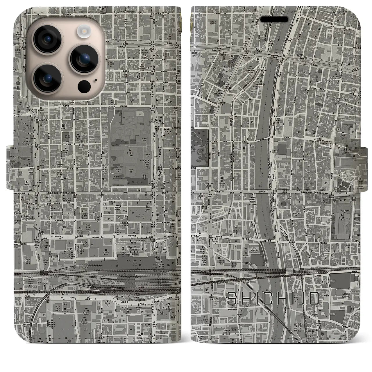 【七条（京都府）】地図柄iPhoneケース（手帳タイプ）モノトーン・iPhone 16 Plus 用