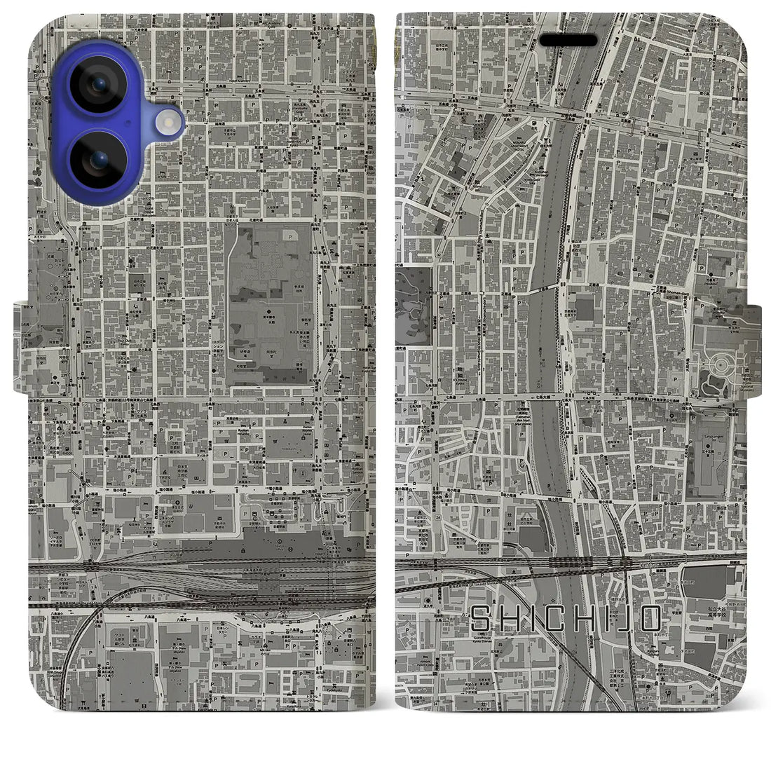 【七条(京都府)】地図柄iPhoneケース(手帳タイプ)モノトーン・iPhone 16 Pro Max 用