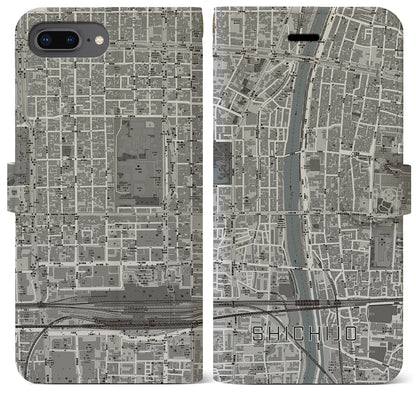 【七条（京都府）】地図柄iPhoneケース（手帳タイプ）モノトーン・iPhone 8Plus /7Plus / 6sPlus / 6Plus 用