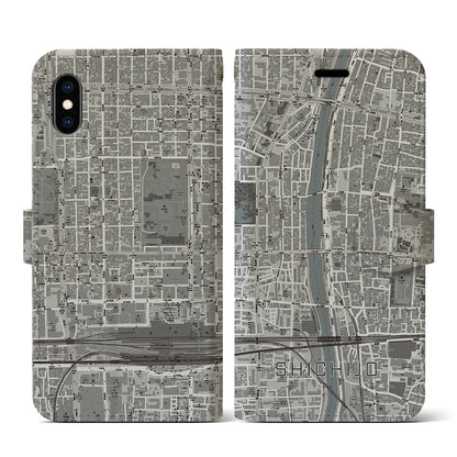 【七条（京都府）】地図柄iPhoneケース（手帳タイプ）モノトーン・iPhone XS / X 用