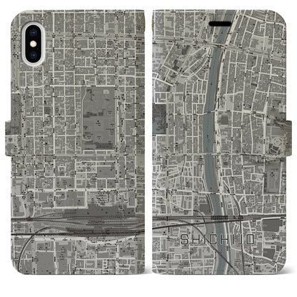 【七条（京都府）】地図柄iPhoneケース（手帳タイプ）モノトーン・iPhone XS Max 用
