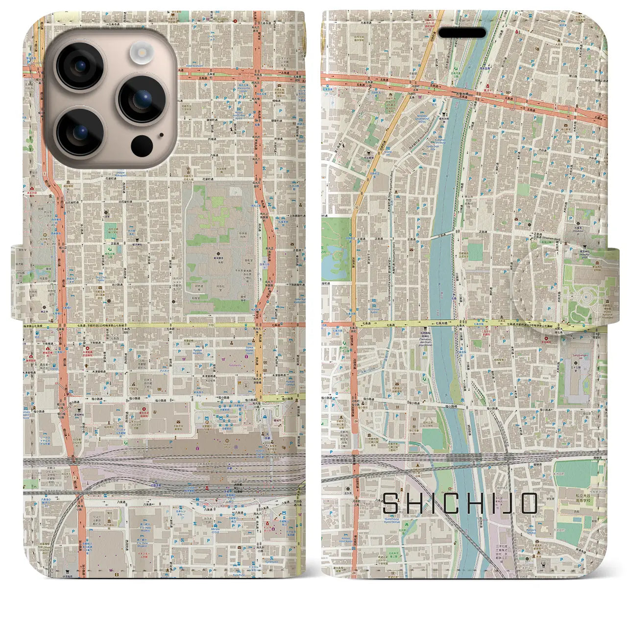 【七条（京都府）】地図柄iPhoneケース（手帳タイプ）ナチュラル・iPhone 16 Plus 用