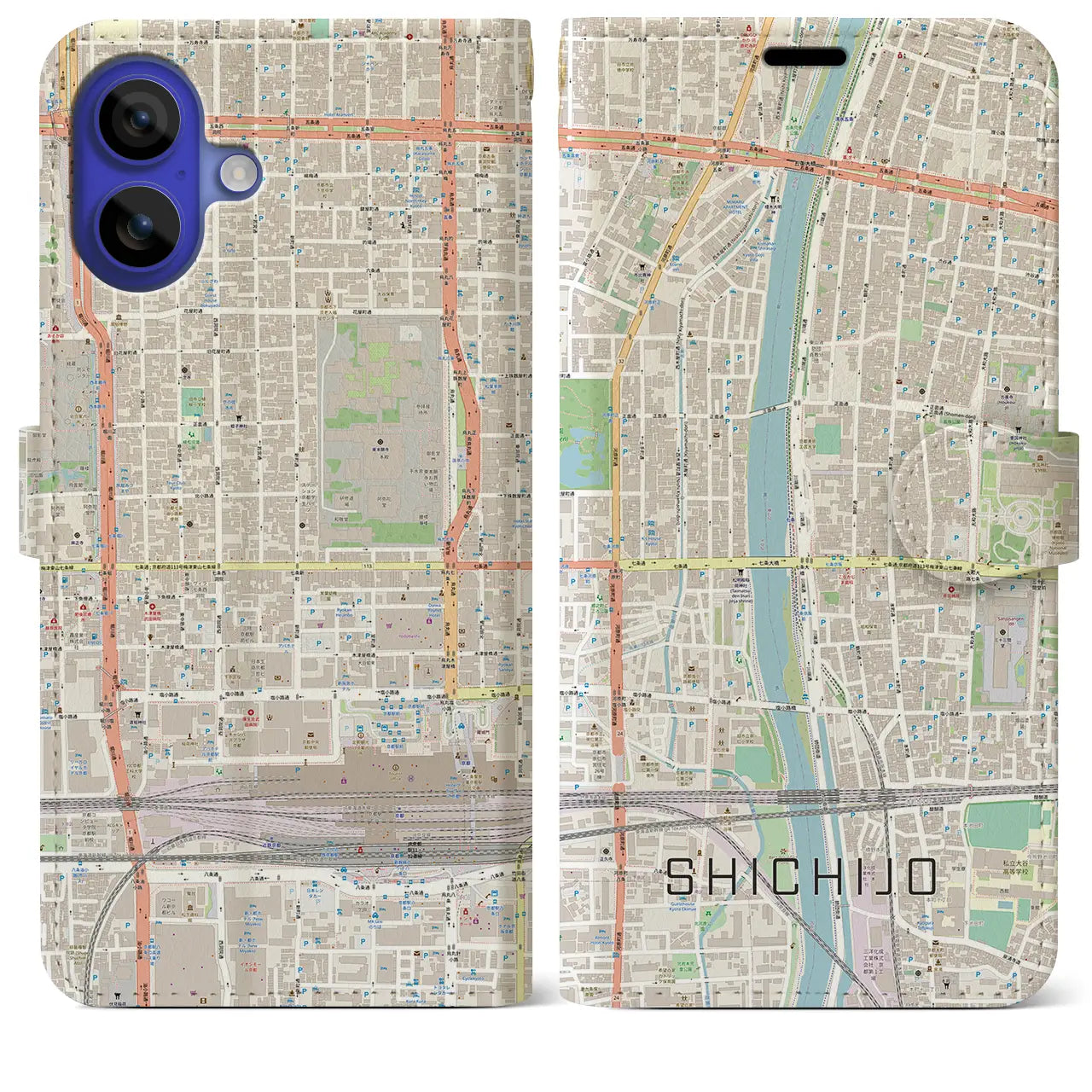 【七条（京都府）】地図柄iPhoneケース（手帳タイプ）ナチュラル・iPhone 16 Pro Max 用