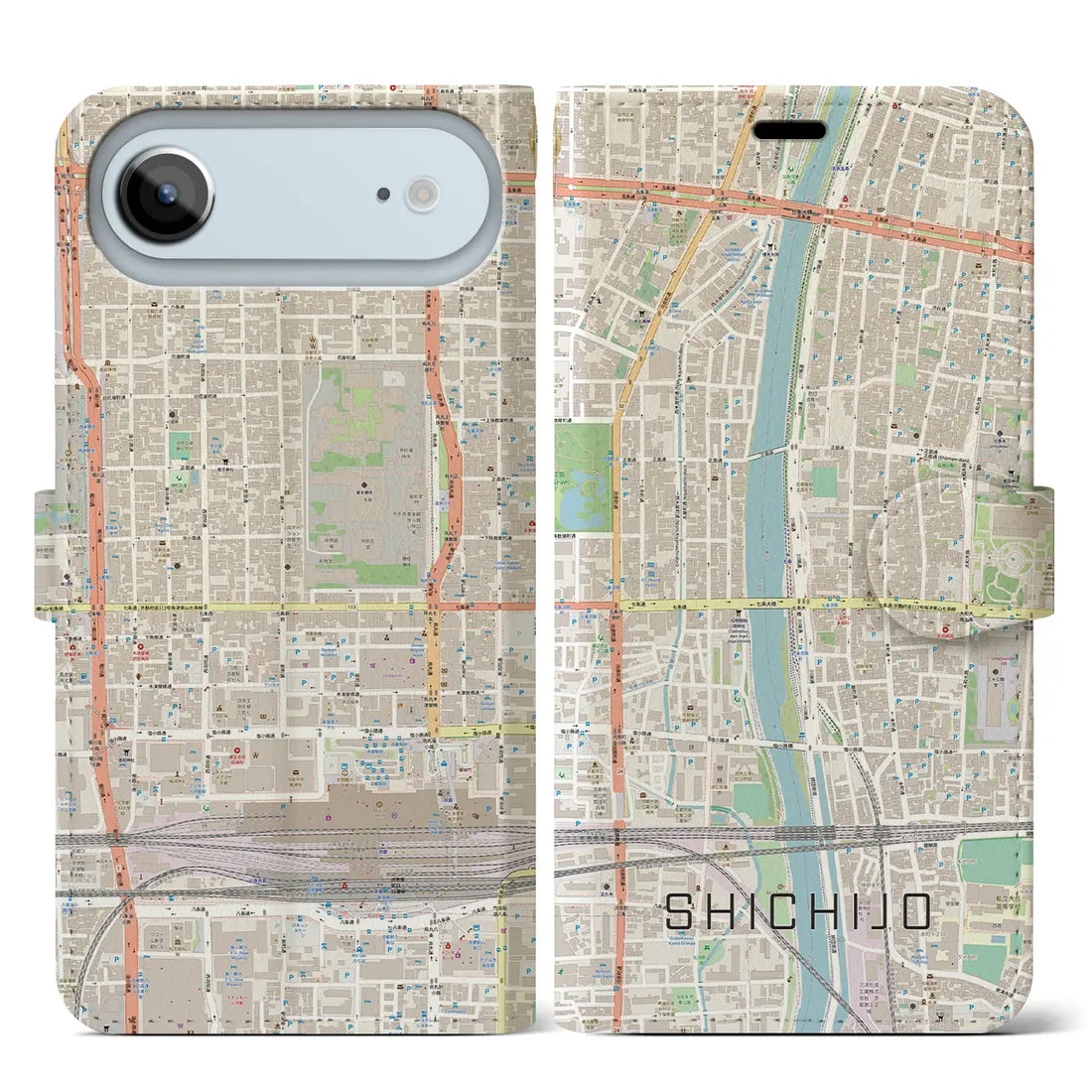 【七条(京都府)】地図柄iPhoneケース(手帳タイプ)ナチュラル・iPhone 17 Pro Max 用