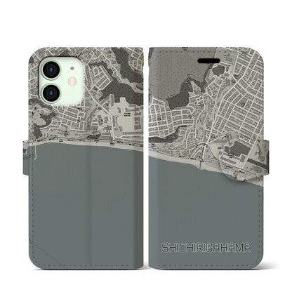 【七里ヶ浜（神奈川県）】地図柄iPhoneケース（手帳タイプ）モノトーン・iPhone 12 mini 用