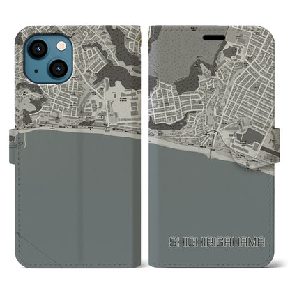 【七里ヶ浜（神奈川県）】地図柄iPhoneケース（手帳タイプ）モノトーン・iPhone 13 用