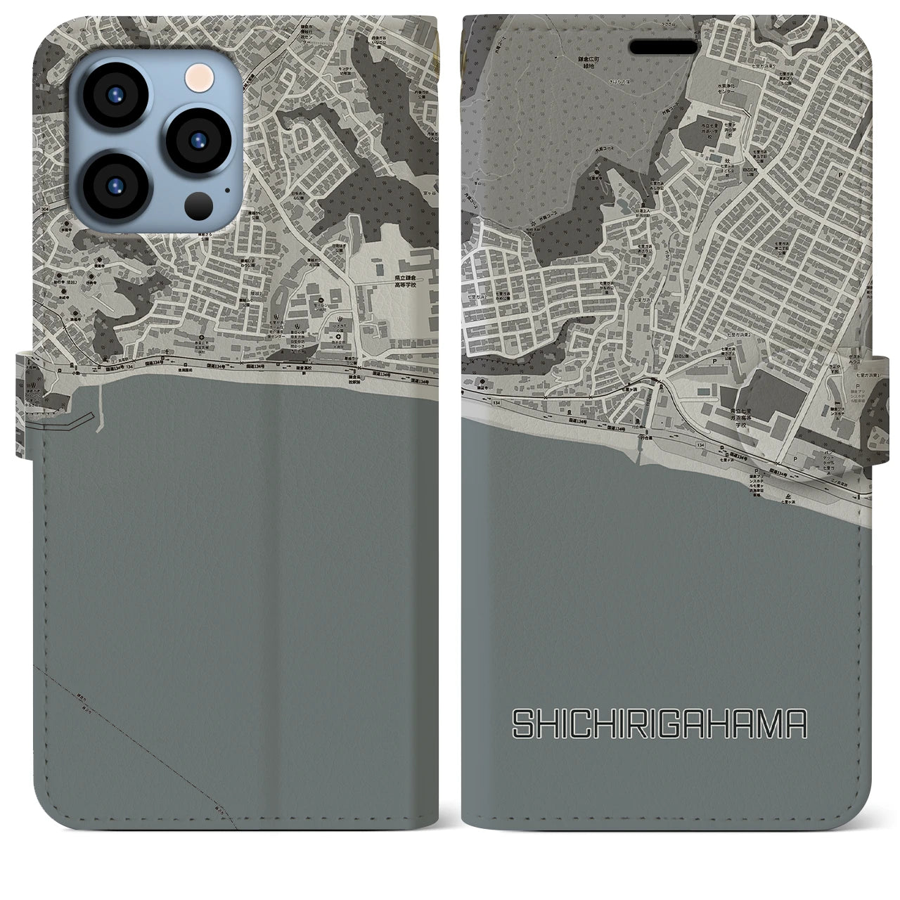 【七里ヶ浜】地図柄iPhoneケース（手帳両面タイプ・モノトーン）iPhone 13 Pro Max 用