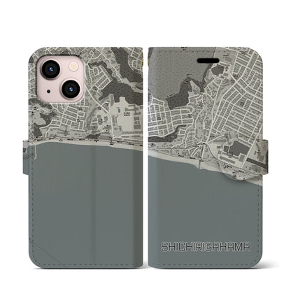 【七里ヶ浜（神奈川県）】地図柄iPhoneケース（手帳タイプ）モノトーン・iPhone 13 mini 用