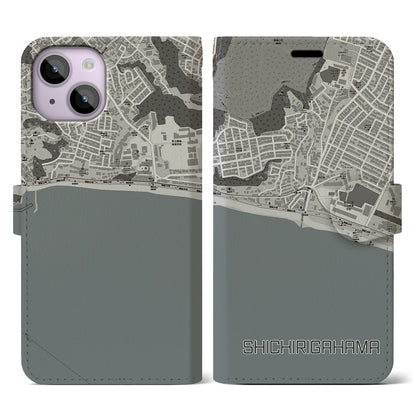 【七里ヶ浜（神奈川県）】地図柄iPhoneケース（手帳タイプ）モノトーン・iPhone 14 用