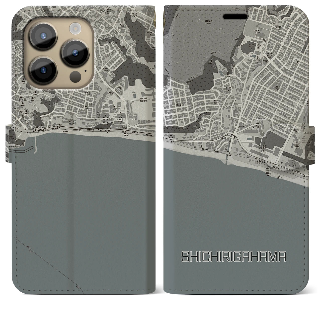 【七里ヶ浜】地図柄iPhoneケース（手帳両面タイプ・モノトーン）iPhone 14 Pro Max 用