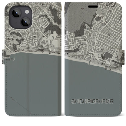 【七里ヶ浜（神奈川県）】地図柄iPhoneケース（手帳タイプ）モノトーン・iPhone 14 Plus 用