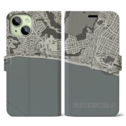 【七里ヶ浜（神奈川県）】地図柄iPhoneケース（手帳タイプ）モノトーン・iPhone 15 用