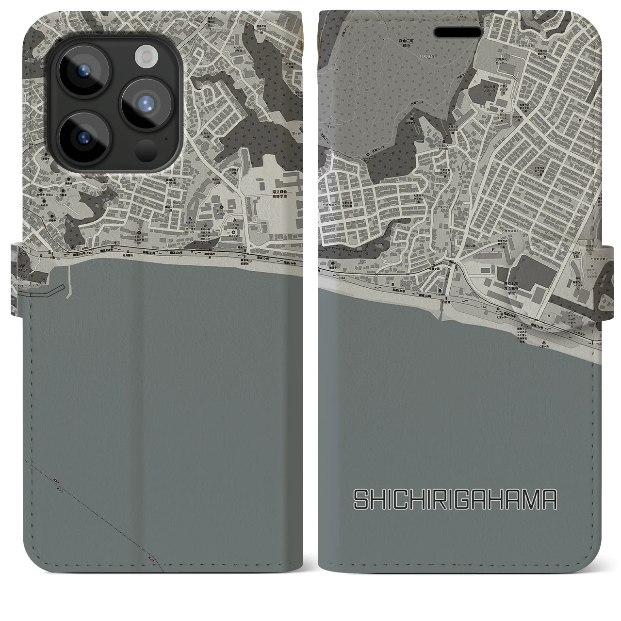 【七里ヶ浜】地図柄iPhoneケース（手帳両面タイプ・モノトーン）iPhone 15 Pro Max 用