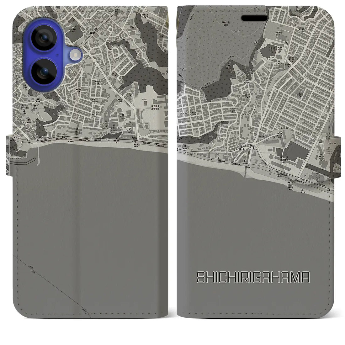 【七里ヶ浜(神奈川県)】地図柄iPhoneケース(手帳タイプ)モノトーン・iPhone 16 Pro Max 用