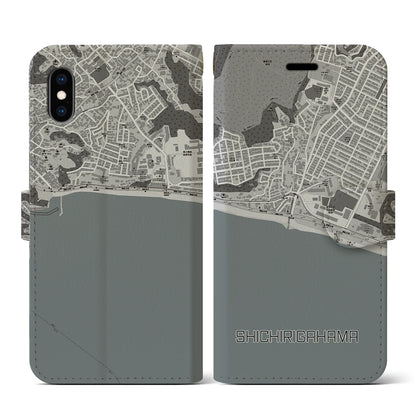 【七里ヶ浜（神奈川県）】地図柄iPhoneケース（手帳タイプ）モノトーン・iPhone XS / X 用