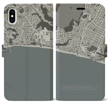 【七里ヶ浜（神奈川県）】地図柄iPhoneケース（手帳タイプ）モノトーン・iPhone XS Max 用